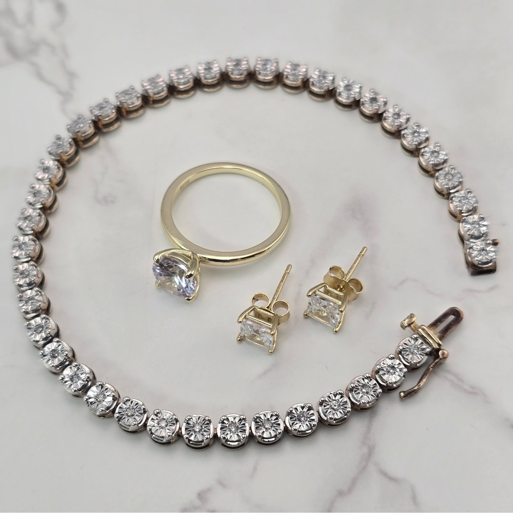Sterling Silver 925 Gold tone Jewelry Set Bracelet Ring Earrings 16.2grams